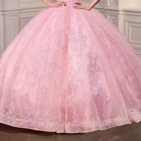 New Pink Strapless Layered Quinceanera Tulle Gown w/ Sequins Embroidery CD 15732 - Picture 5 of 10